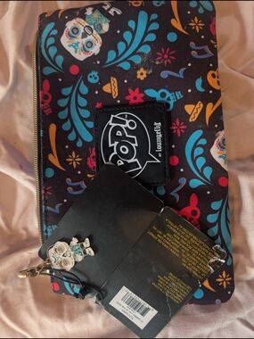 Loungefly Black Zip Wallet with Teal, Orange & Red Sugar Skull Print